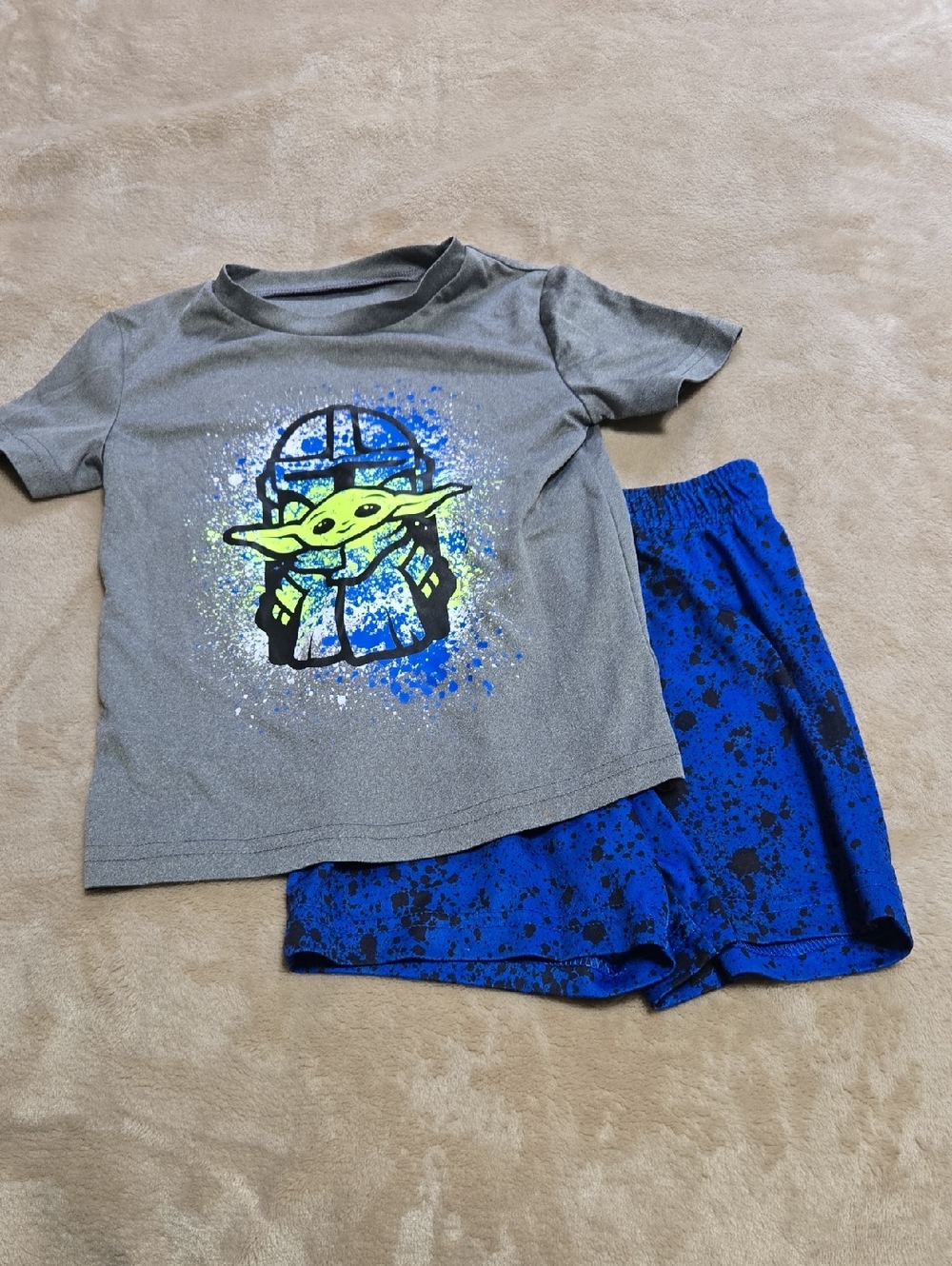 jumping beans Gray Tee & Blue Shorts Set with Neon Yellow Graphic
